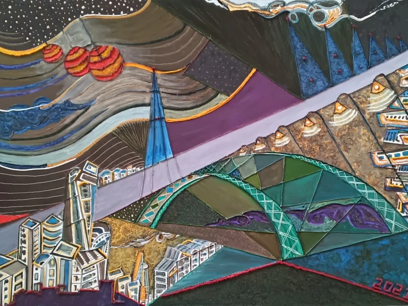 Three Moons over a River Town 2021 Multi-layered Oil on Canvas ~ 35” X 39”